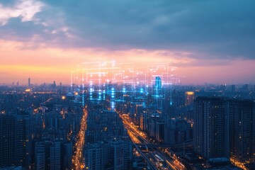 Fototapeta premium Digital City Network Overlay at Sunset Skyline