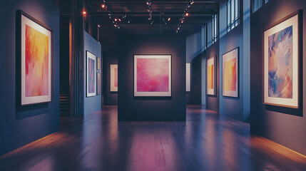 Modern art gallery with empty frames on dark walls and wooden floor. 3D Rendering