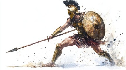Ancient warrior in full armor charges forward with spear and shield in hand amidst a battle-ready stance on a sandy terrain