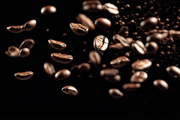 Floating coffee beans on dark background, concept of weightlessn