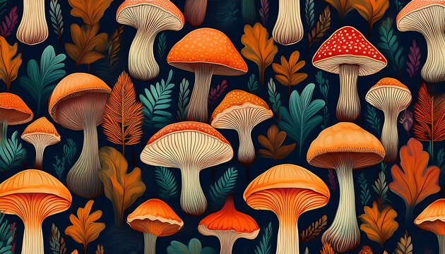  Seamless pattern of autumn harvest mushrooms, perfect for Halloween wrapping paper. _1(741)