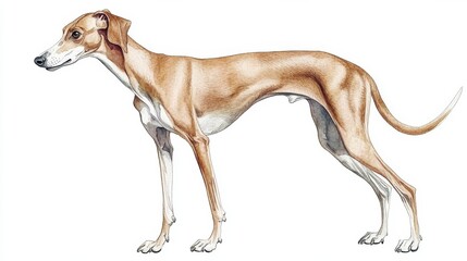 Obraz premium A detailed illustration of a greyhound standing elegantly, showcasing its sleek body and unique posture in a neutral background