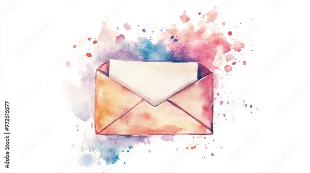 Poster a colorful watercolor illustration of an open envelope with a blank white letter in front of a vibra