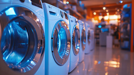 Washing machines displayed in well lit household appliances shop