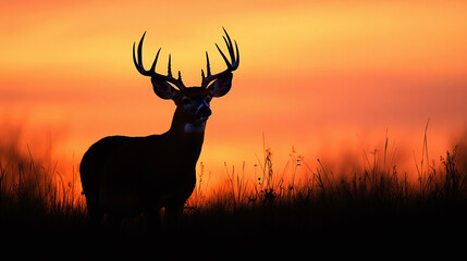 Whitetail Buck Silhouette at Sunset: Silhouette of a Whitetail Buck at sunset during the fall