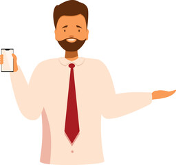 Fototapeta premium Businessman is holding a smartphone and gesturing with his hand like he is showing and presenting something