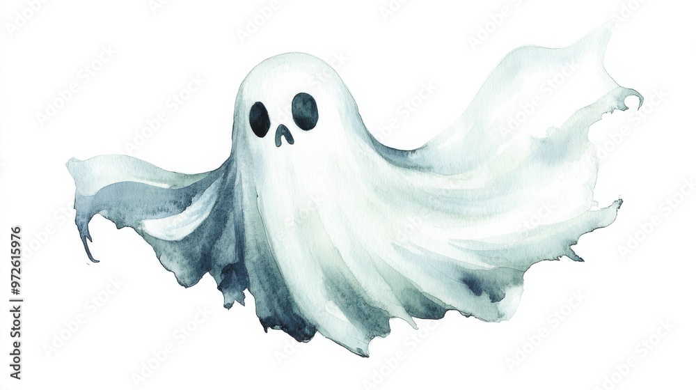 Poster a whimsical illustration of a friendly ghost floating through the air with a soft, flowing appearanc