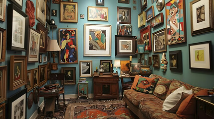 Obraz premium Trendy Painting Corner: The room also has a section dedicated to displaying artwork, with a gallery wall showcasing various paintings and prints in eclectic frames