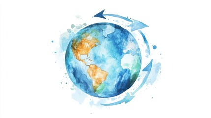 Artistic representation of Earth highlighting continents, with dynamic arrows depicting movement and change in an abstract style