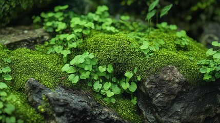 Deep green forest with rocks covered by moss, leaves, grass freshness nature environment