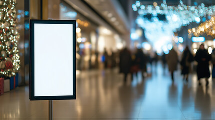 Obraz premium An empty poster mock-up for advertisement in a shopping center; a blank white billboard template surrounded by Christmas conifer decoration
