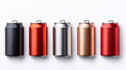 Colorful aluminum cans arranged in a row, showcasing various shades of metallic finishes perfect for product visualization.