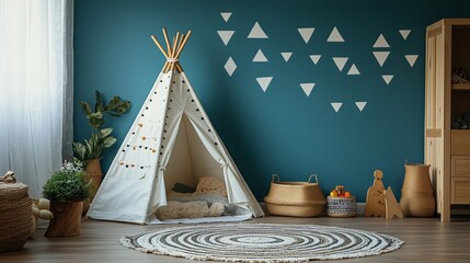Obraz premium Cute children's room with a teal wall, white triangles on the wall, and a small bed in front of it