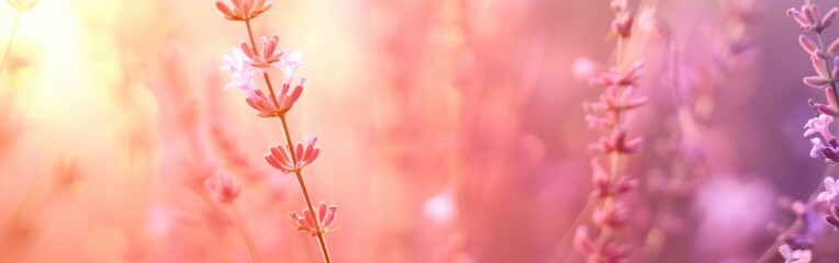 Obraz premium A close up of a bunch of purple flowers with a bright sun in the background