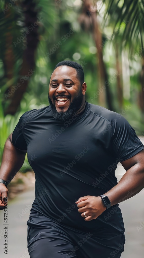 Poster a man is running in a forest with a smile on his face