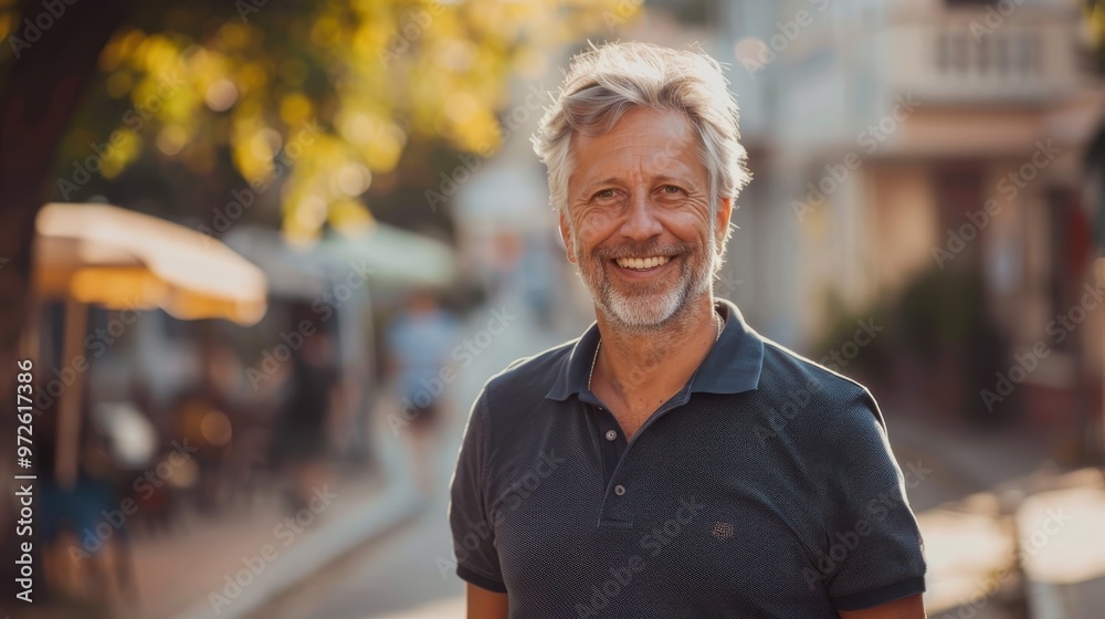 Aufkleber a man with a big smile is standing on a sidewalk in front of a building