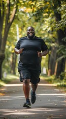 Obraz premium A man is running in a park with a big smile on his face