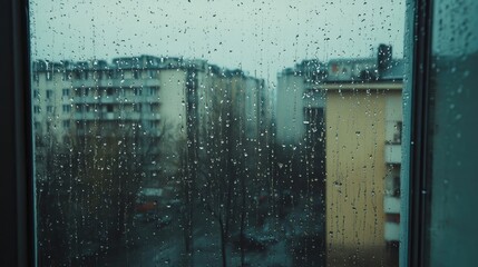 Rain Drops on Glass Window, Showcasing a Moody Rainy Day Scene