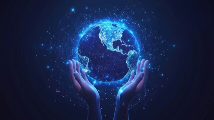 Fototapeta premium Abstract futuristic technology background with holographic Earth and hands on a dark blue backdrop, a vector illustration concept for global business or a world eco-balance symbol of success in digita