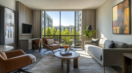 Fototapeta premium Modern living room design featuring large windows and stylish furniture in a contemporary apartment setting during the day