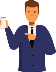 Businessman showing a blank smartphone screen and pointing at it with his finger