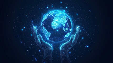 Fototapeta premium Abstract futuristic hologram of the Earth with hands on a dark blue background, vector illustration. This digital technology concept design represents global business and cyber security.generative ai