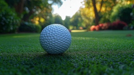 A close-up view of a white golf ball on a golf course in the soft evening light, with a backdrop of trees and a peaceful atmosphere, perfect for a calm golfing session