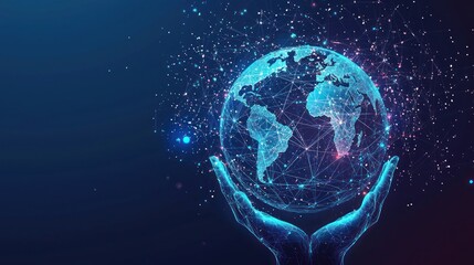 Fototapeta premium Abstract futuristic hologram of the planet Earth and hands on a dark blue background, a vector illustration. Holographic icon element. Vector Illustration. AI digital creation concept.generative ai