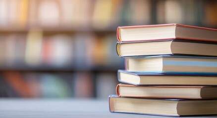 Stack of colorful books on table with blurred bookshelf background