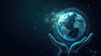 Fototapeta premium Abstract futuristic hologram of the planet Earth and hands on a dark blue background, a vector illustration. Holographic icon element. Vector Illustration. AI digital creation concept.generative ai
