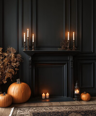 Aesthetic room interior design with Halloween elements. Wall with decoration in the apartment. Holiday pumpkins in the room.