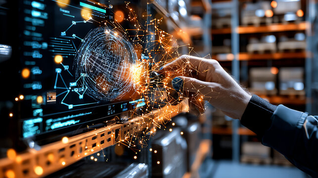 A futuristic hand interacts with a glowing digital interface in a server room, showcasing advanced technology and connectivity. - Powered by Adobe