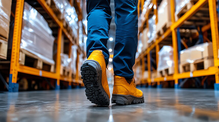 A worker walks through a well-organized warehouse, showcasing sturdy boots and an efficient storage environment.