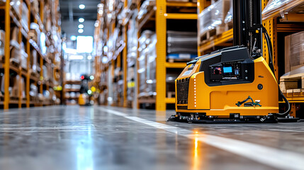 Automated warehouse scene showcasing a robotic pallet jack navigating between shelves filled with crates and boxes.