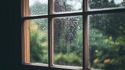 Naklejka premium Rain Drops on Glass Window, Showcasing a Moody Rainy Day Scene