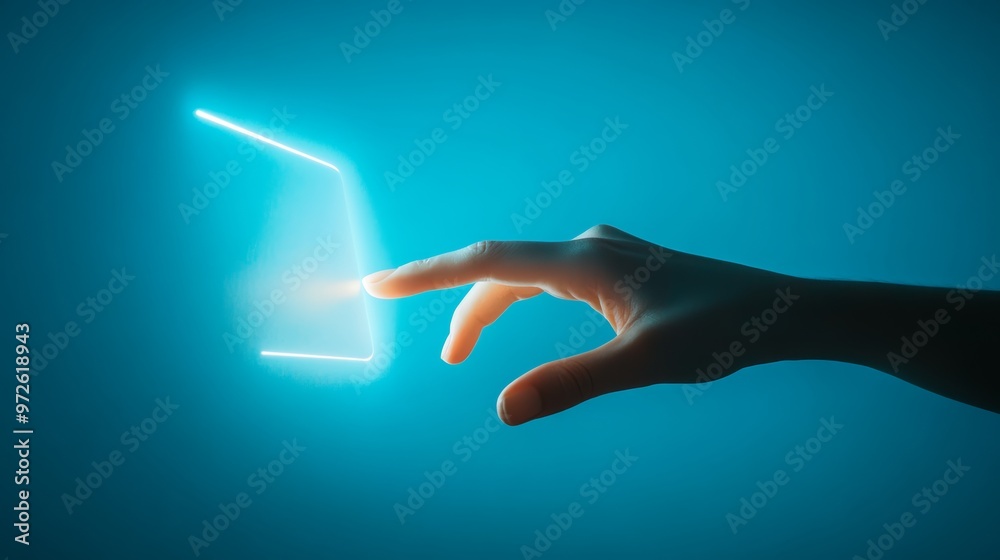 Poster finger touching a glowing digital screen in a dark blue environment, symbolizing tech interaction an