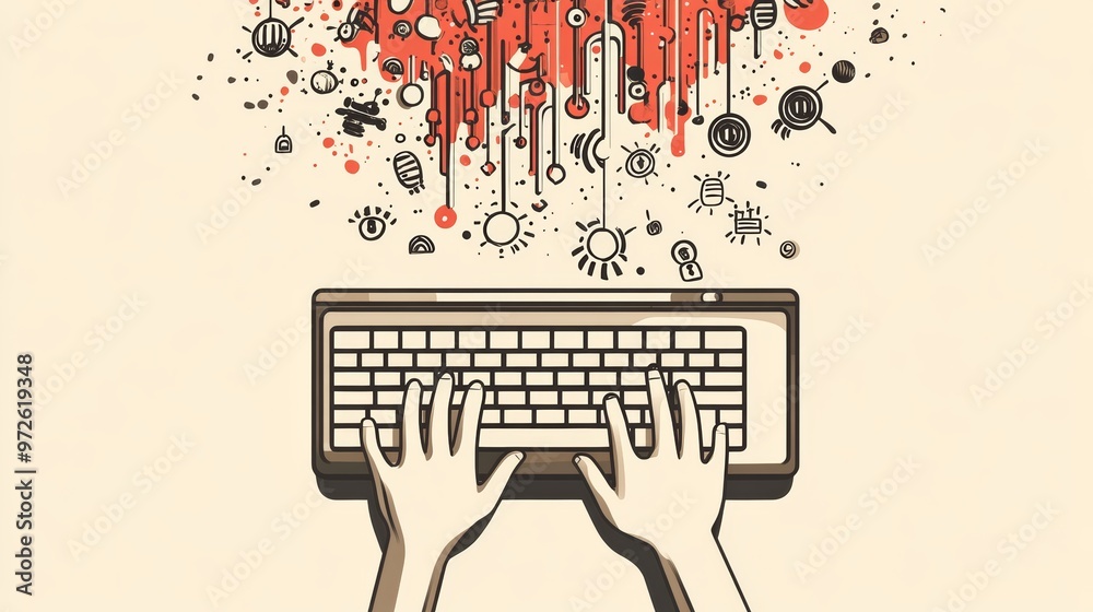 Poster Animated hands typing on a keyboard with creative abstract icons floating, representing online communication and interaction.