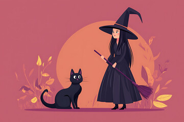 A beautiful witch in a black magic hat holding a broom stands beside her black cat. In the background, a spooky castle looms with bats flying, glowing pumpkins, and a translucent ghost floating by