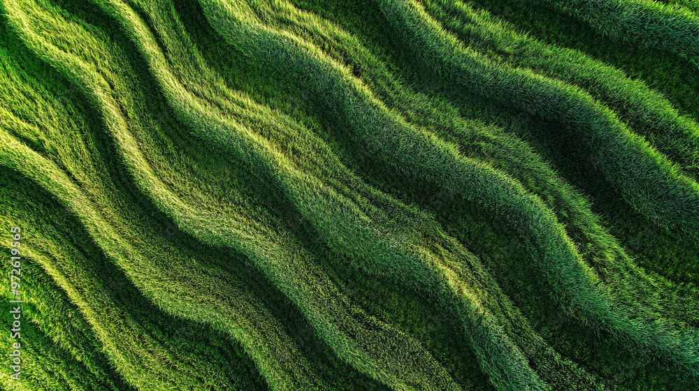 Poster Lush green grass forming a beautiful abstract pattern with wavy lines, perfect for nature and environment related themes