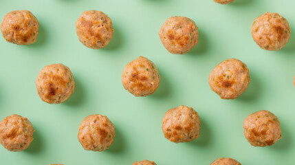 Small meatballs on a light background. Texture for background, wallpaper, poster, banner, card. View from above.