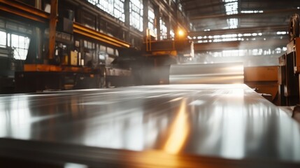 Obraz premium Metalworking Process of Stainless Steel Sheets in a Manufacturing Factory, Representing Industry and Production