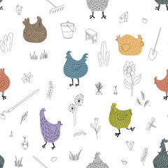 Seamless pattern with hand drawn farm elements and chicken. Cute hand drawn doodle background.