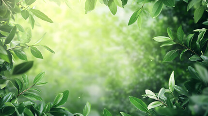 Fototapeta premium Sunlight shining through green leaves against a blurred natural background