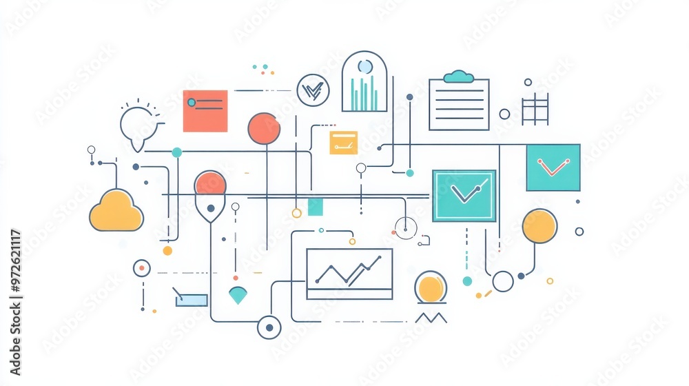 Poster colorful digital illustration depicting data analytics, charts, and technology concepts with various