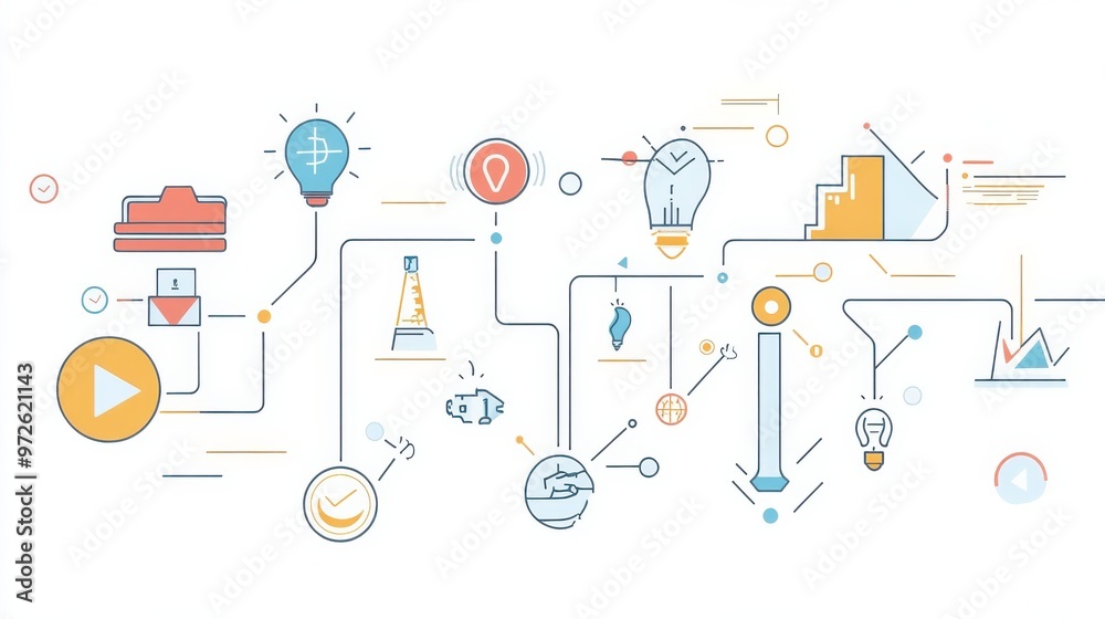 Aufkleber Graphic representation of innovation concepts with various icons symbolizing ideas, technology, and progress in a bright color scheme