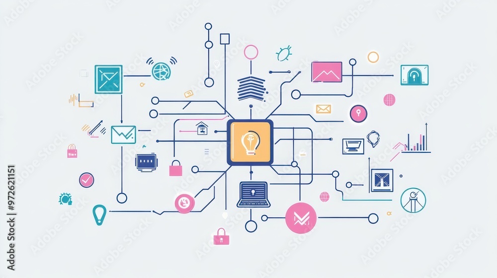 Fototapete modern technology concept with interconnected icons representing data, communication, and security i