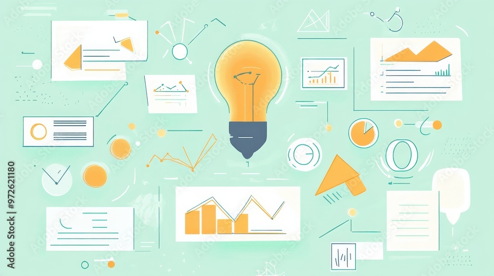 Leinwandbilder creative brainstorming session with light bulb and analysis charts on a mint green background depict