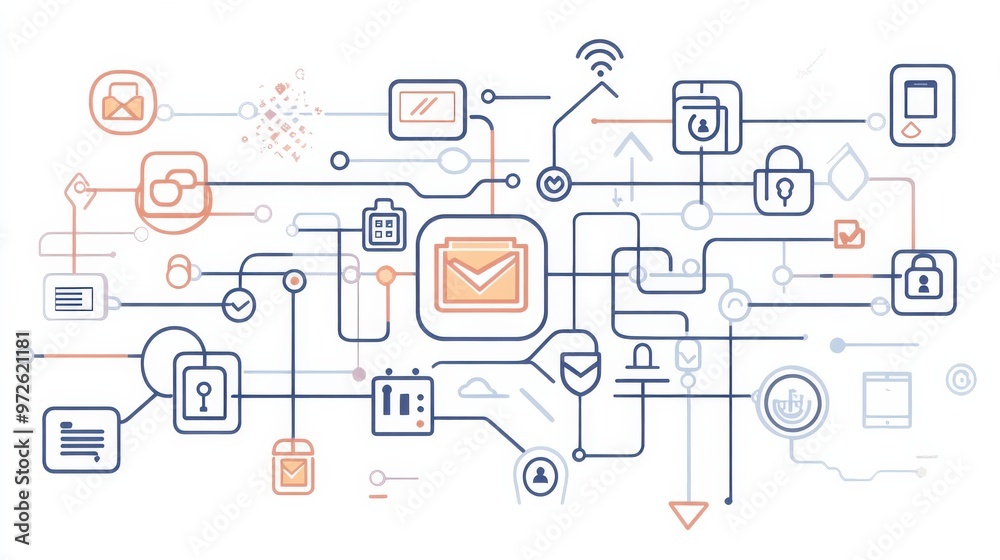 Poster Abstract illustration of interconnected icons representing email communication and digital security concepts in a modern tech environment