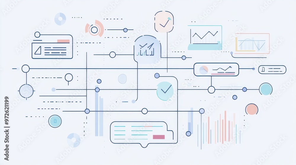Leinwandbilder A digital illustration showcasing data analytics with graphs, charts, and connected elements on a light background