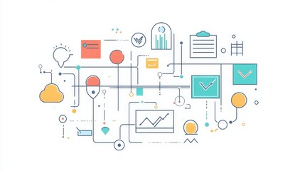 Colorful digital illustration depicting data analytics, charts, and technology concepts with various connected icons in a modern design layout